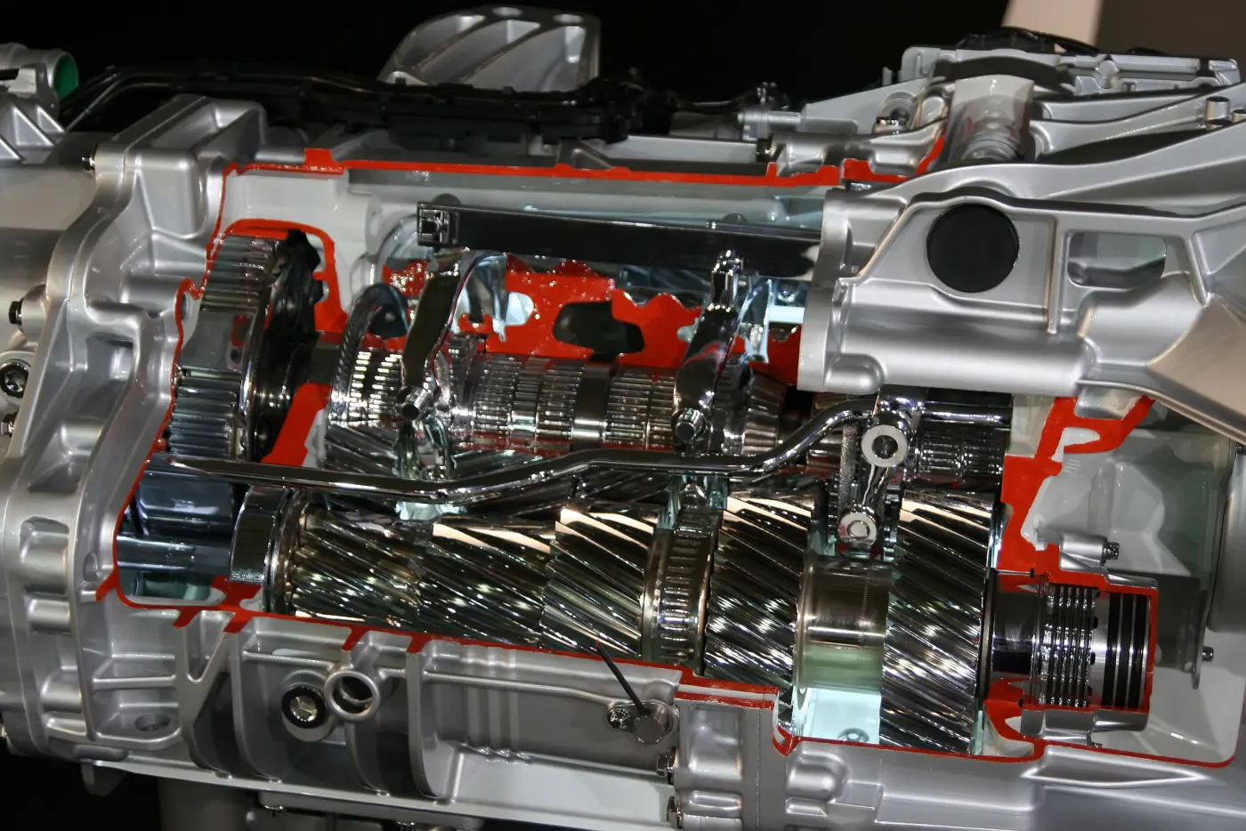 Cutaway of a manual transmission showing its shafts and gears